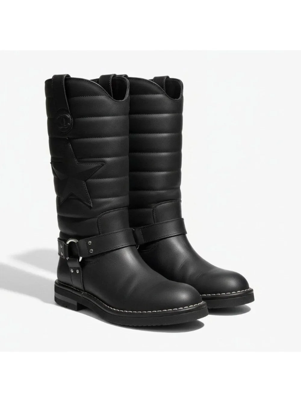 Chanel G7 Engineer Boots Star Motif Quilted Leather Black